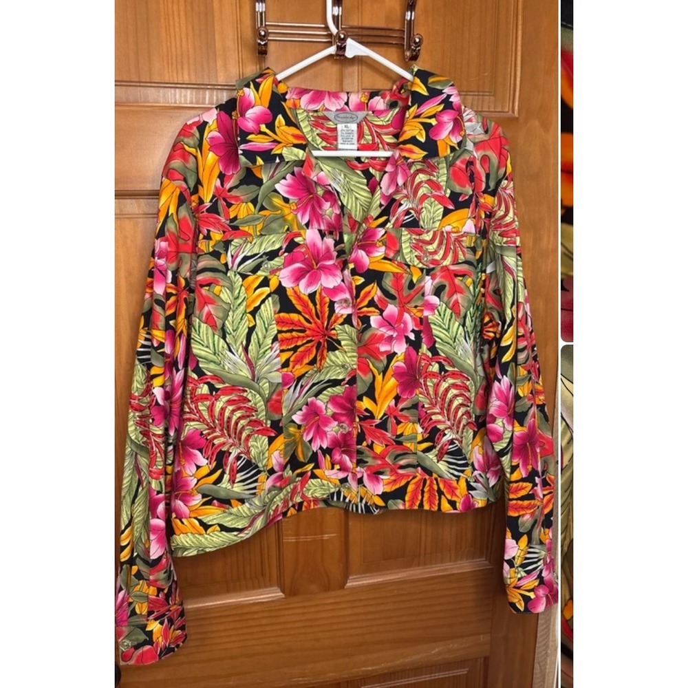 Stonebridge Women XL Tropical Floral Beaded Cotton Spandex Trucker Jacket Pink